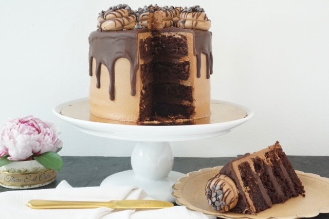Chocolate layer cake with chocolate buttercream and ganache drip